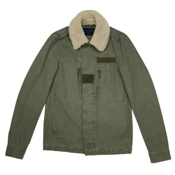 AllSaints Mens Rai Jacket XXS 2XS Green Military Sheepskin Collar Utility Fall - Picture 12 of 12